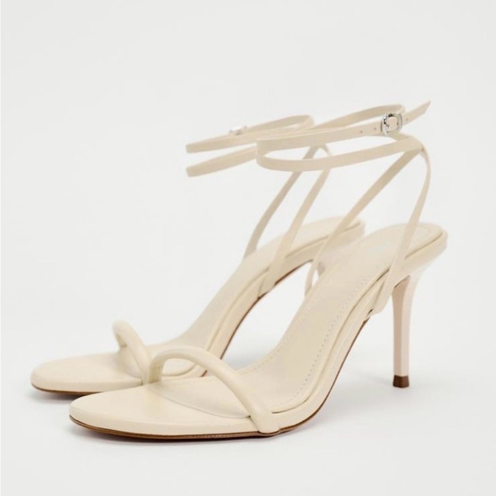 Zara High Heeled Tubular Strap Leather Cream Heels